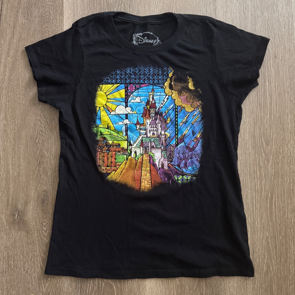Disney T-Shirt Women Medium Black Beauty and the Beast Stained Glass Castle Tee